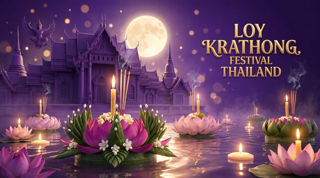 d rendering illustration Loy Krathong festival and Yi Peng festival in thailand krathong from banana leaves, flowers, candles and incense sticks, fullmoon, river, and night background