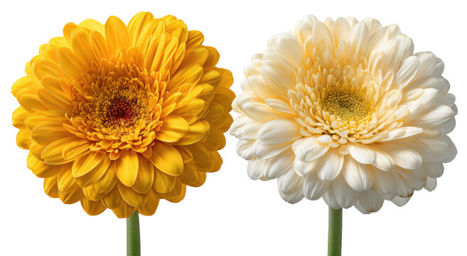 Two gerbera daisies one yellow one cream with stems isolated on transparent background
