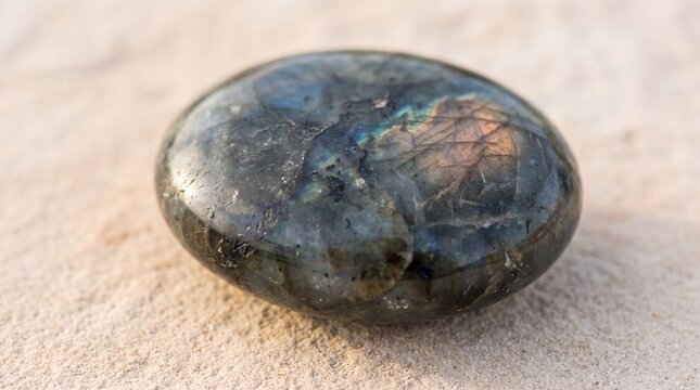 Polished labradorite palm stone resting on a textured beige stone surface