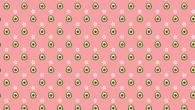 Seamless pattern featuring avocado halves and small white flowers on a pastel pink background.