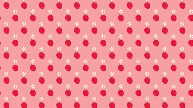 Seamless pattern with cute red strawberries and small white blossoms on pink background.