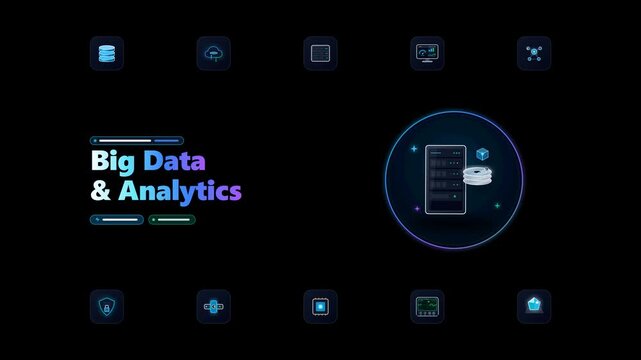 Modern animated big data concept layout featuring cloud server rack, database storage, and analytics icons with smooth motion graphics on clean black background.