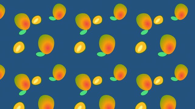 Seamless pattern with stylized mango fruits and slices on dark blue background.