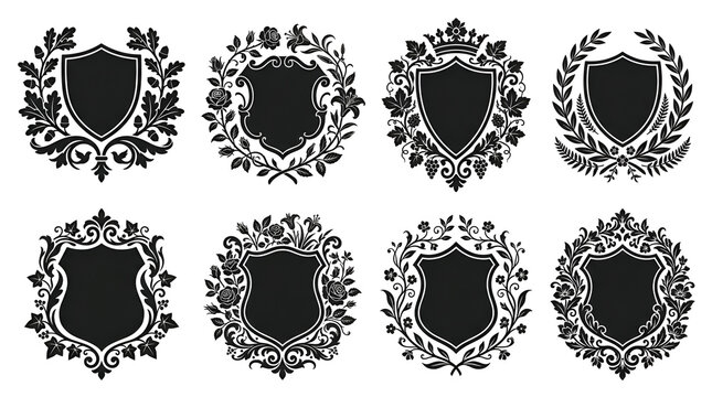 Black Heraldic Crest and Shield Silhouette Botanical Frames Set