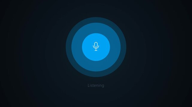 Voice recognition interface with a blue glowing microphone icon and listening status indicator.