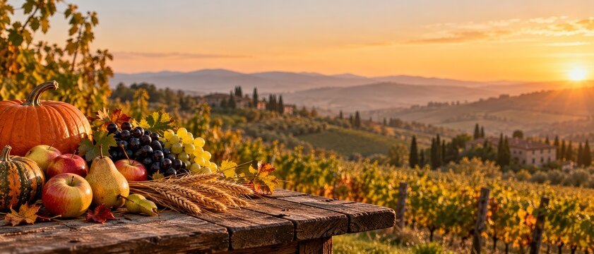 European Farm Harvest of Pumpkin Grapes Apples Pears and Wheat at Sunset