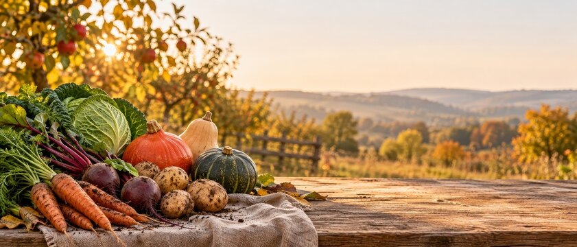 Autumn Vegetable Harvest with Carrots Cabbage Potatoes and Squash on Farm Table