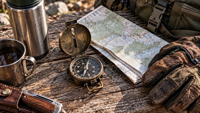 Vintage brass compass and topographic map on a rustic wooden table for wilderness navigation with leather gloves and a metal thermos representing preparation for a hunting trip in the mountains.