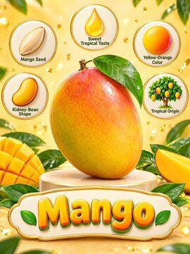 Mango kids flash card poster showing seed color taste shape origin labels and fruit fact cheerful 3D illustration