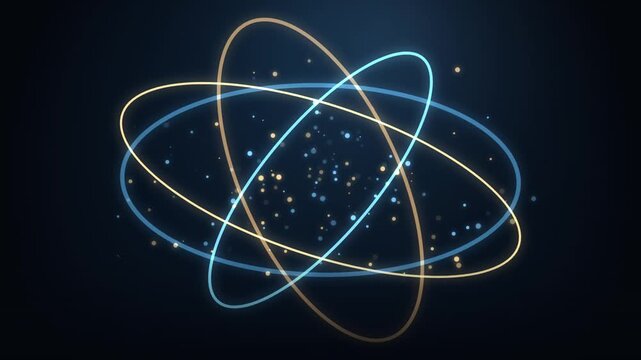 Glowing atom model with blue and gold orbital rings spinning on a dark background motion graphic loop