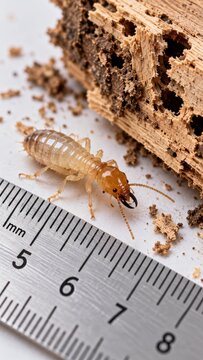 A worker termite crawls on a white surface next to a metal ruler measuring the extent of damage to a piece of decaying wood. This macro shot highlights the pest and the destruction of timber.