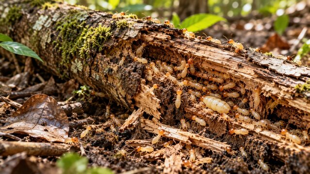 Colony of worker termites swarming inside a hollow decaying log in the forest showing the insects moving through tunnels in the damp wood. This macro view captures the natural decomposition process.
