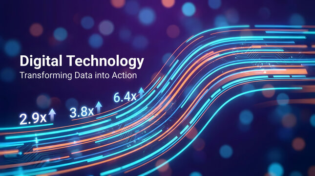 Digital Technology Abstract: Streaks of light in blue and orange flow upwards and to the right, representing the speed and dynamism of digital technology.