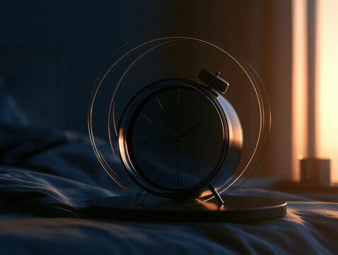 Alarm clock on a bedside table with a warm light in a dark room  
