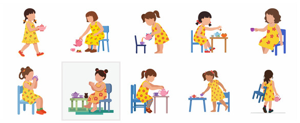 Fototapeta premium Set of cute little girls in yellow floral dresses playing tea party, pouring and drinking tea, isolated character illustrations on white background