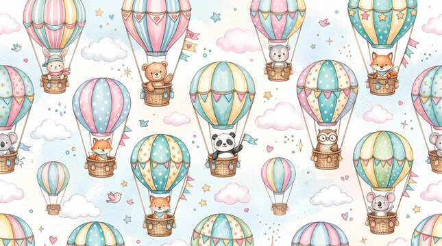 Cute watercolor pattern featuring teddy bears flying in colorful hot air.