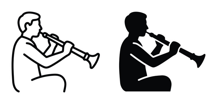 Musician Playing Wind Instrument, Silhouette Icon, Line Art Vector