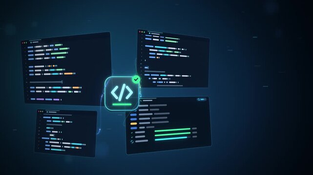 3D blue and cyan floating code windows building into a code icon