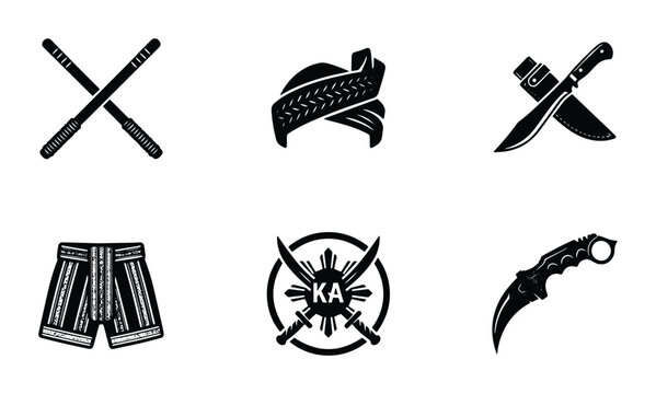 Filipino Martial Arts Icons: Arnis Sticks, Kampilan, Datu, Shorts, Emblem, Karambit