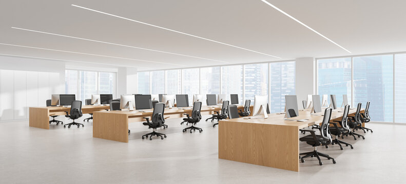 Modern open plan office interior with wooden workstations, ergonomic chairs, desktop computers, panoramic windows, and bright urban workspace design. 3D Rendering