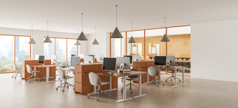 Modern open plan office interior design with wooden desks, pendant lighting, computers, city views, and spacious collaborative workspace. 3D Rendering