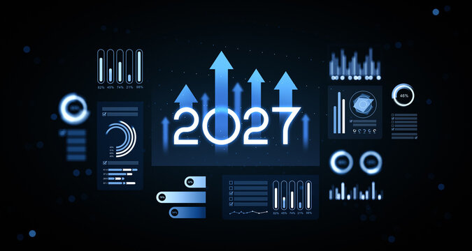 2027 Forecast Concept with Rising Arrows, Analytics Charts, Performance Metrics, and New Year Business Growth on a Futuristic Background. 3D Rendering