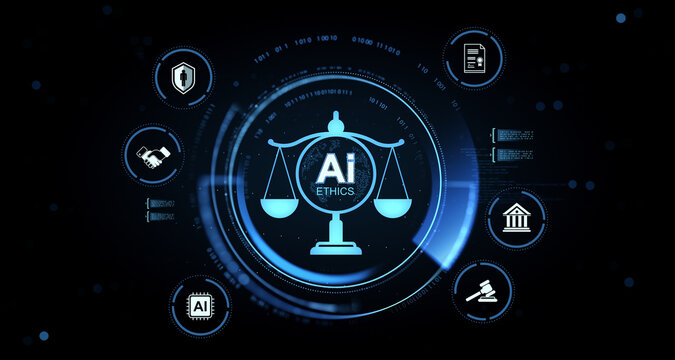 Artificial Intelligence Ethics and Digital Governance Concept for Global Economics, Compliance, Privacy, Security, and Responsible Innovation. 3D Rendering