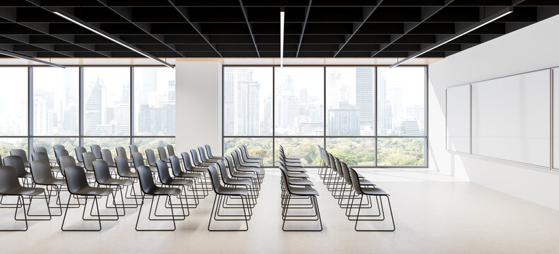 Contemporary conference interior with rows of chairs, panoramic city windows, white presentation wall, and dramatic ceiling grid design. 3D Rendering