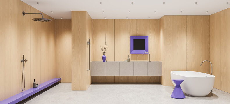 Contemporary wood-paneled bathroom interior with freestanding bathtub, purple accents, floating vanity, shower, and minimalist luxury design. 3D Rendering