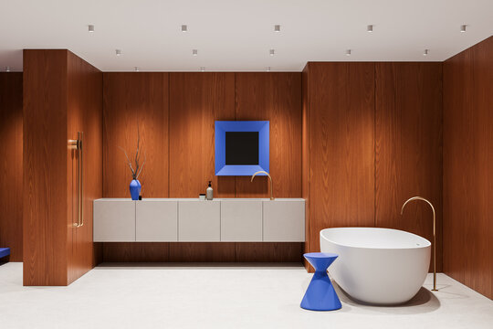 Contemporary walnut bathroom interior design with sculptural white bathtub, floating vanity, blue accents, and refined modern lighting. 3D Rendering
