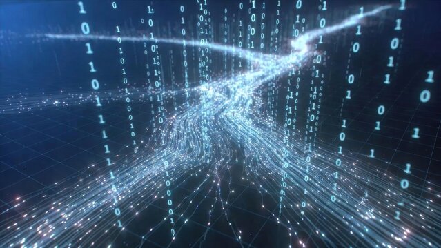 A flowing stream of binary code symbolizes digital data movement and technology innovation in a virtual space