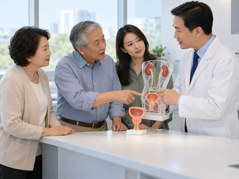 Older Asian man and family discussing benign prostatic hyperplasia treatment options with a urology specialist