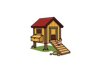 Raised Yellow Chicken Coop With Red Roof Entrance Ramp Nesting Box And Chicken Vector Illustration © Adi Vector