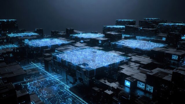 A digital landscape features glowing blue circuits and data patterns forming a complex network of technology and innovation