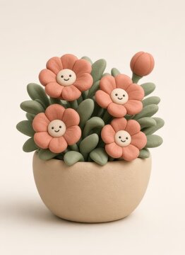 Cute clay potted plant with smiling flower characters and a bud, concept of happiness, growth and cheerful nature