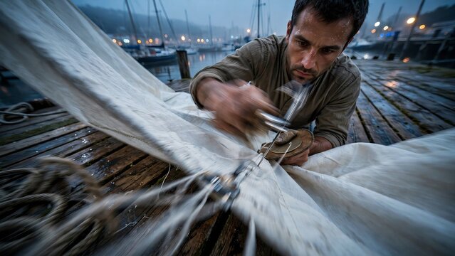 Rugged Caucasian male sailor mending a white boat sail on a wet wooden dock during dusk with heavy motion blur on hands showing fast sewing action