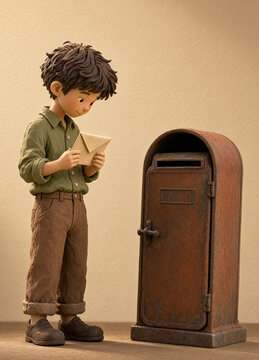 Clay boy reading a letter beside an old rusty mailbox, concept of correspondence, nostalgia and waiting for news