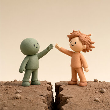 Two clay children reaching hands toward each other across a cracked ground, concept of reconciliation, unity and bridging a divide