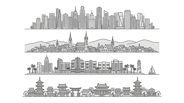 City Skylines: A collection of diverse city skylines in a minimalist, hand-drawn linear style, showcasing architectural variety across different cultures and landscapes.