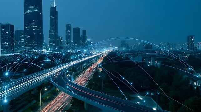 A futuristic cityscape at night with glowing skyscrapers  illuminated highways  and abstract digital light trails connecting infrastructure