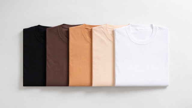 Flat lay of neatly folded basic crew neck t shirts in various neutral shades of skin tones and monochrome colors on a clean white background