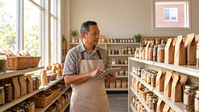 Small Business Owner Managing Grocery Store Inventory