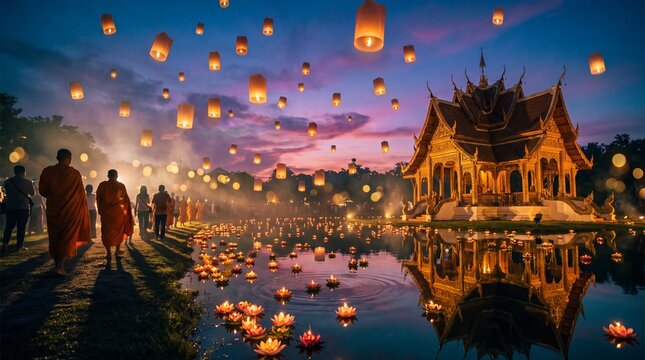 Beautiful Yi Peng festival in Chiang Mai with floating lanterns and traditional temple architecture at twilight