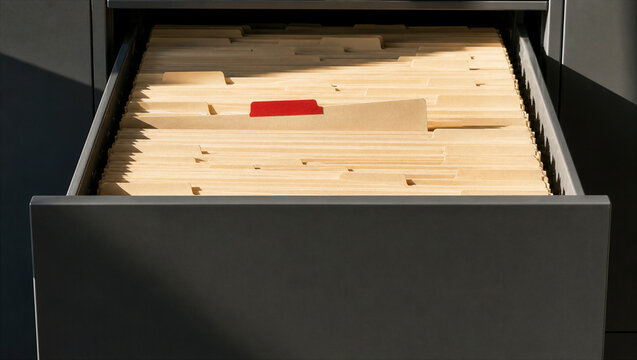 Red tab file pulled from drawer of identical folders, bureaucratic records error concept