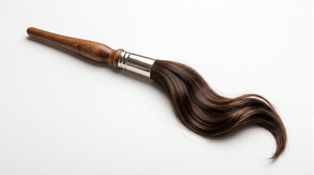 Paintbrush with a strand of wavy human hair instead of bristles. Visual metaphor for hair styling art, professional hair care, creative coloring, salon cosmetics, and beauty treatment
