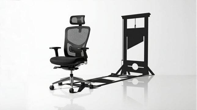 Ergonomic office chair casting a guillotine shadow. Visual metaphor for severe job stress, fear of layoffs, corporate burnout, deadline pressure, and hostile work environment