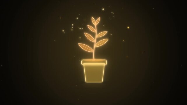 Neon plant sprout growing from a pot on black background