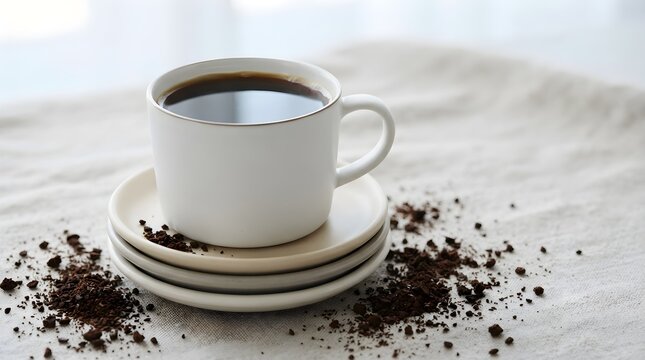 A warm cup of freshly brewed black coffee rests on a saucer, surrounded by loose coffee grounds on a textured cloth surface