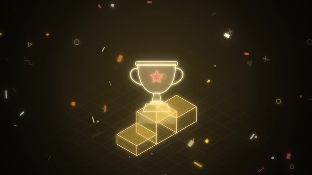 Isometric golden trophy on podium with falling confetti seamless loop