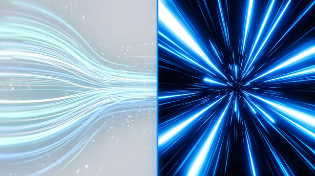 Abstract Light Streaks: A dynamic split-screen image featuring abstract light streaks, with soft blue and white lines flowing leftward on the left.